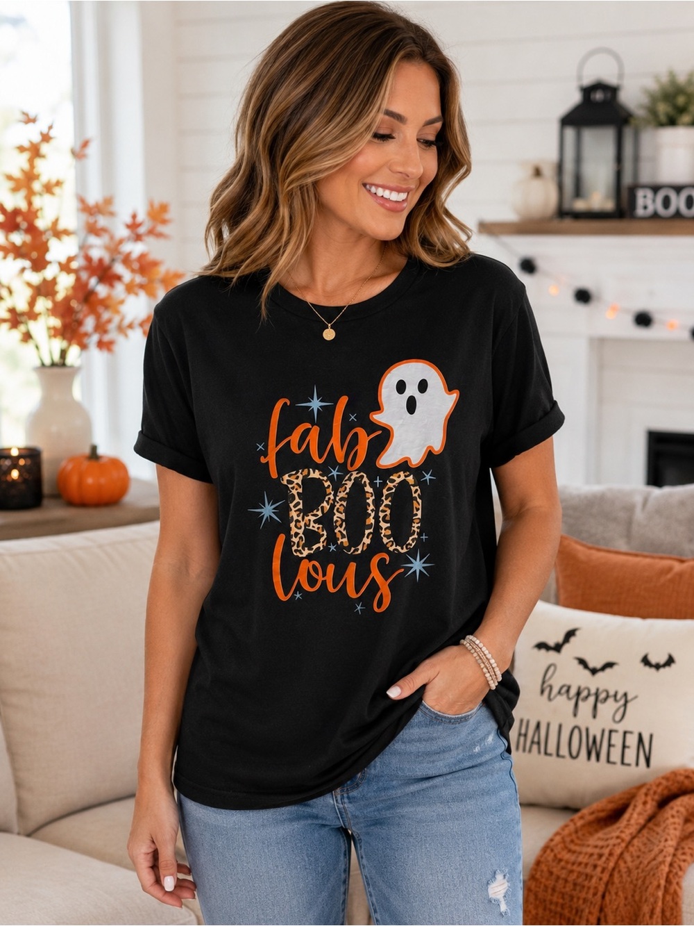 Women’s 2X Fab-BOO-Lous Halloween Ghost & Leopard Print Tee